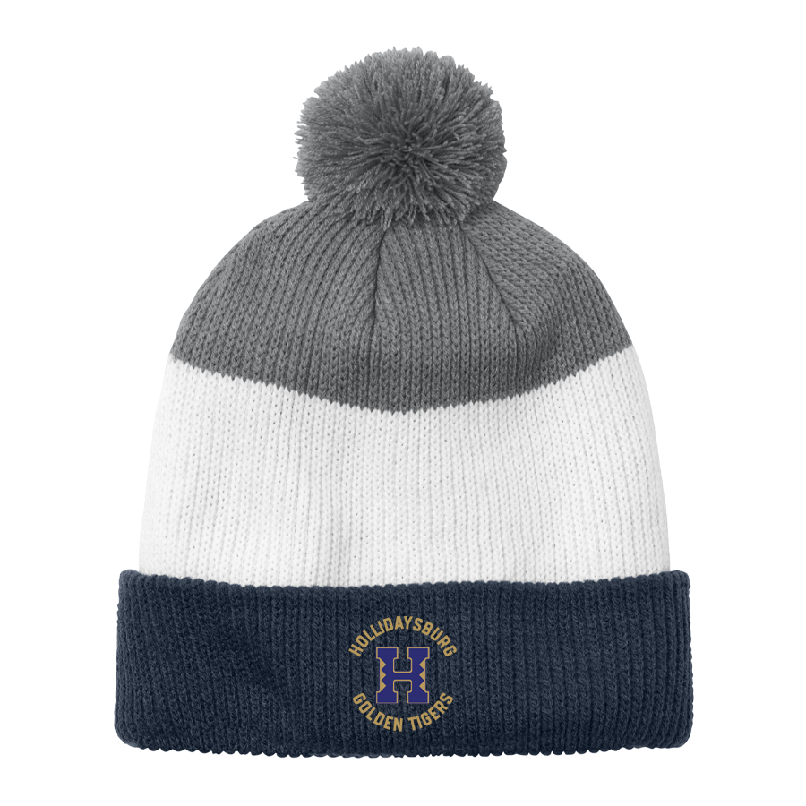 Navy/Marshmallow/Grey Cozy Striped Pom Beanie
